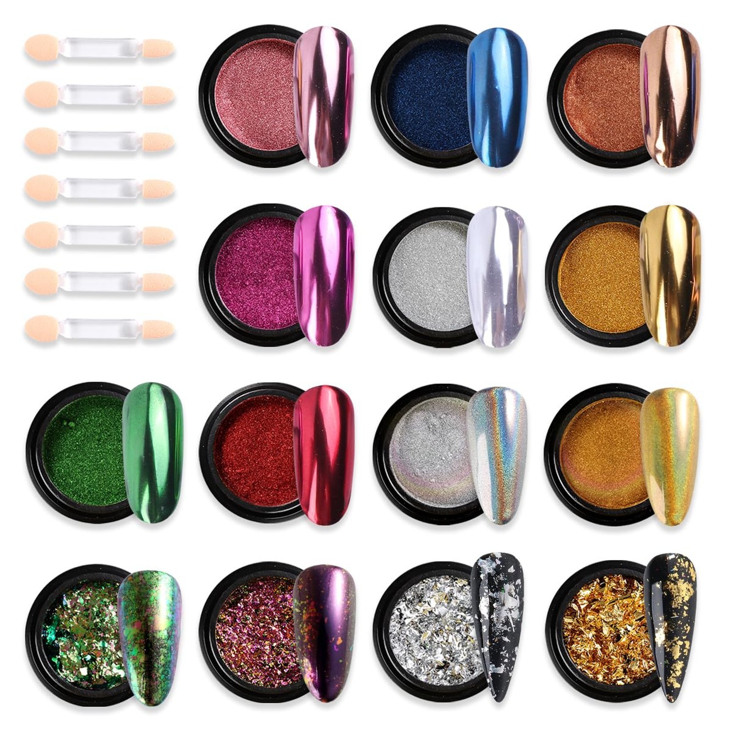 14PCS Chrome Nail Powder Set Metallic Mirror Effect Holographic Pigment Nail Art