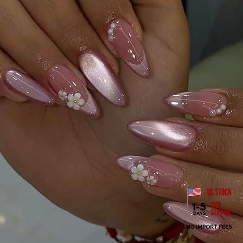Almond Press On Nails – Fake Flower Pearls – Medium Almond FS41