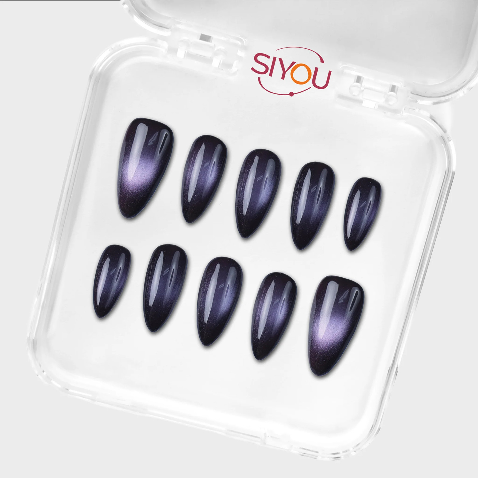 SIYOU Nightshade Medium Almond Purple Black Cat Eye Press-On Nails 10pc