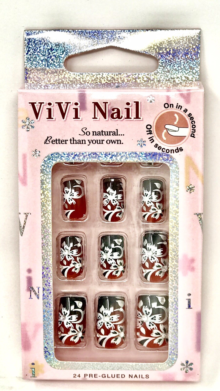 Vivi Nail Black, Red, Silver and Rhinestone Look-24 Artificial Fake Nails!