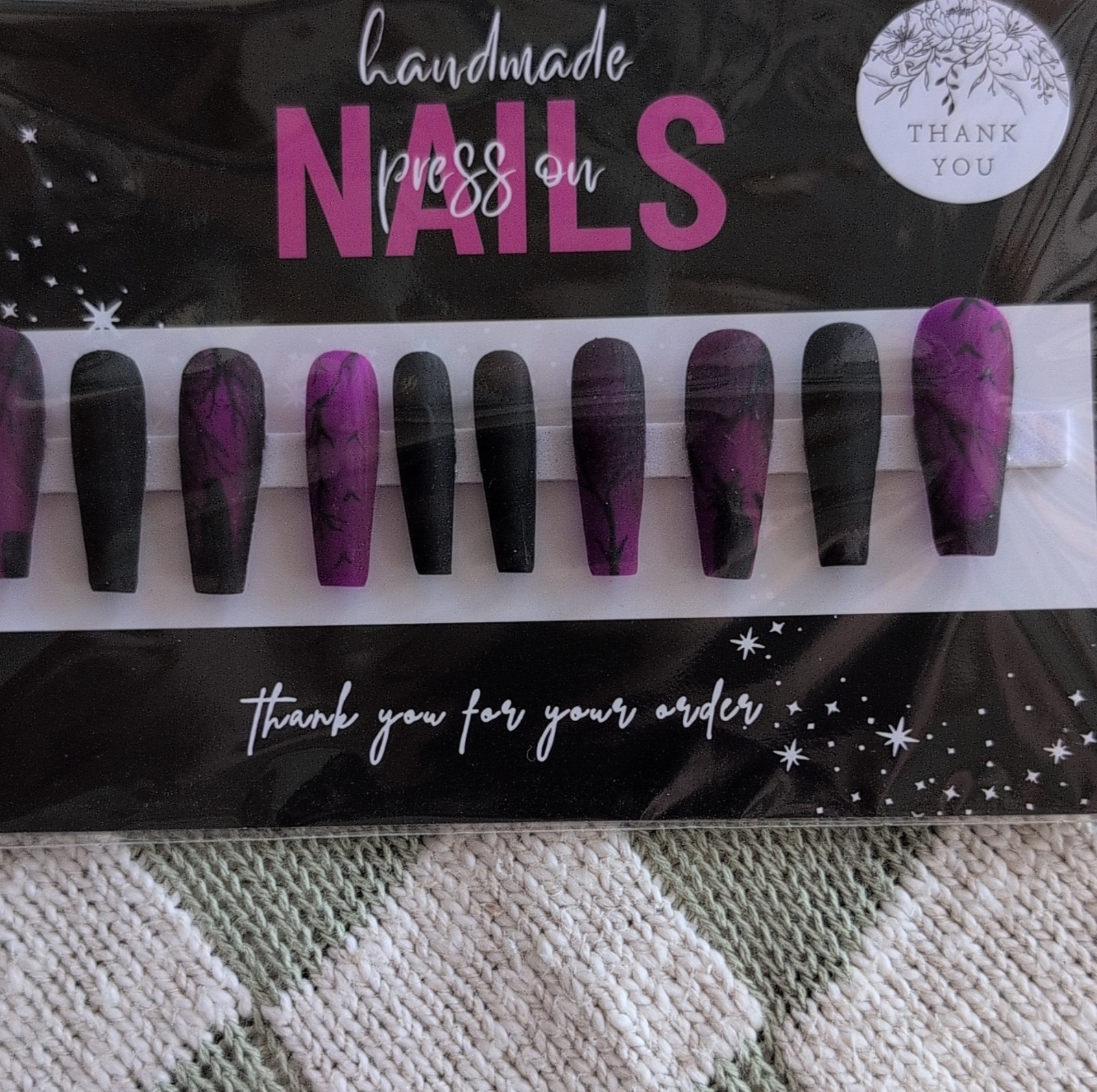 Handmade Press-On Nails Long Coffin Purple Black Sized Extra Small