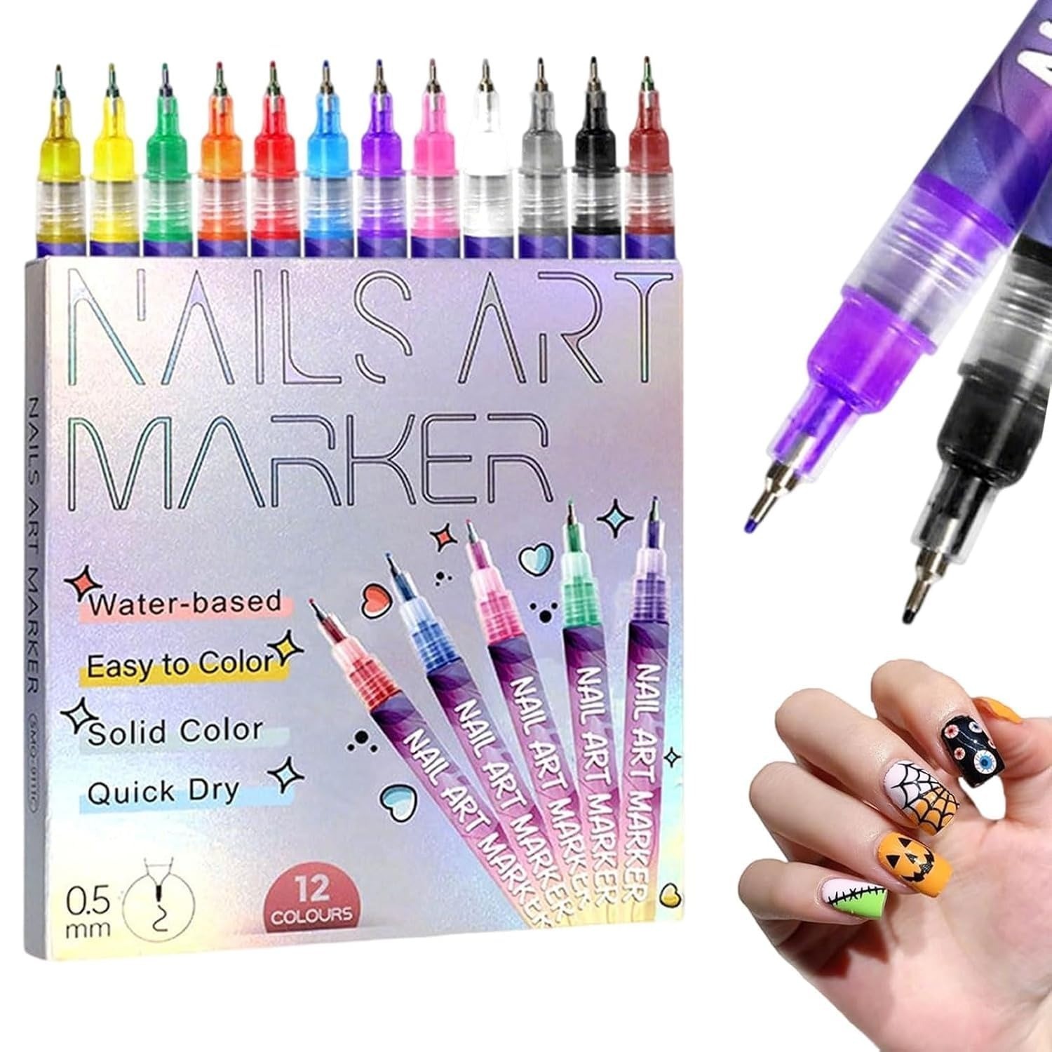 Nail Art Markers Pens for Painting Nails, 12 Colors 0.5 MM Nail Polish Pens Quic