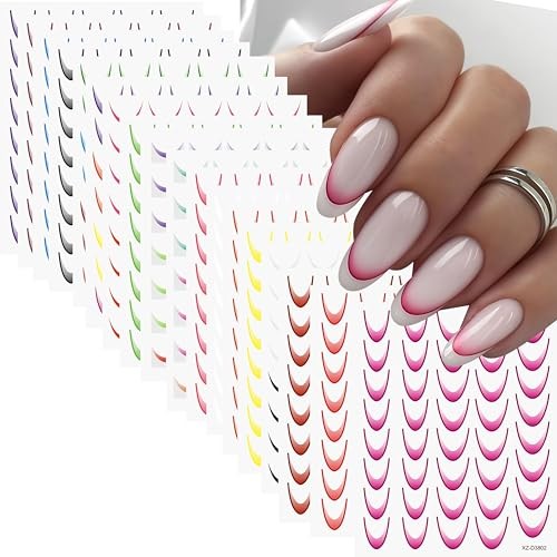18 Sheets Gradient Color French Tip Line Nail Art Stickers 3D Colorful Style12