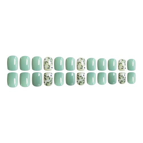 Spring Green Press on Nails Short Square Fake Nails Glossy False Nails with