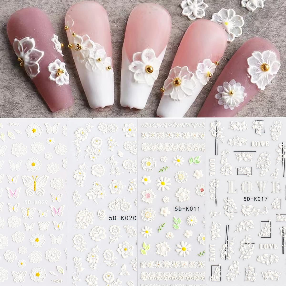 5D Flower Nail Art Stickers – 6 Sheets Self-Adhesive Decals, Luxury Spring Desig