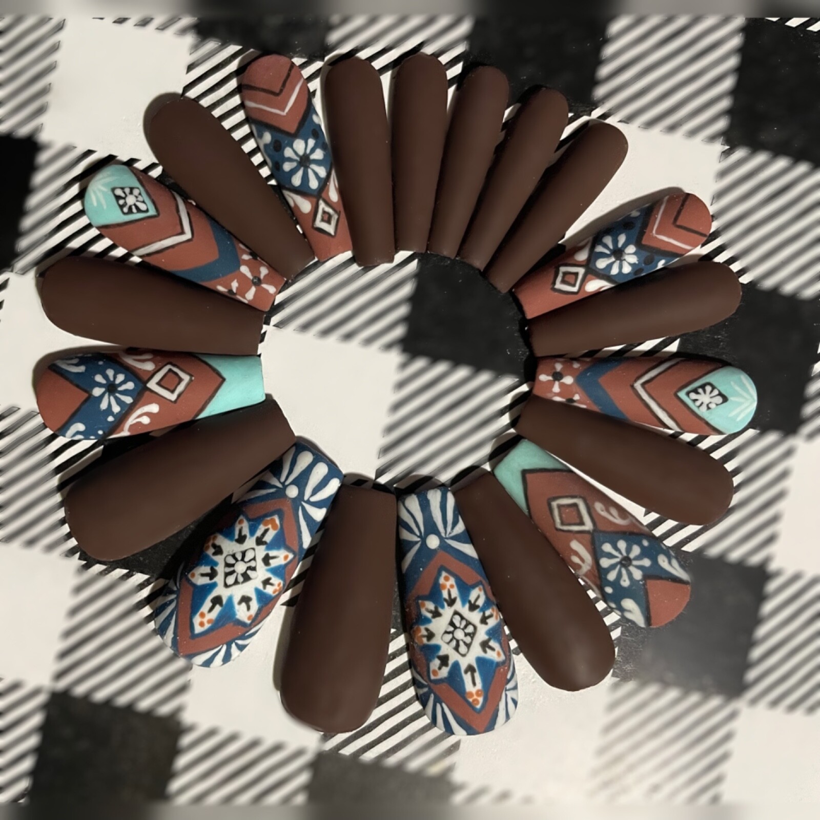 Custom press on nails long 24 matte abstract tribal native brown teal blue white