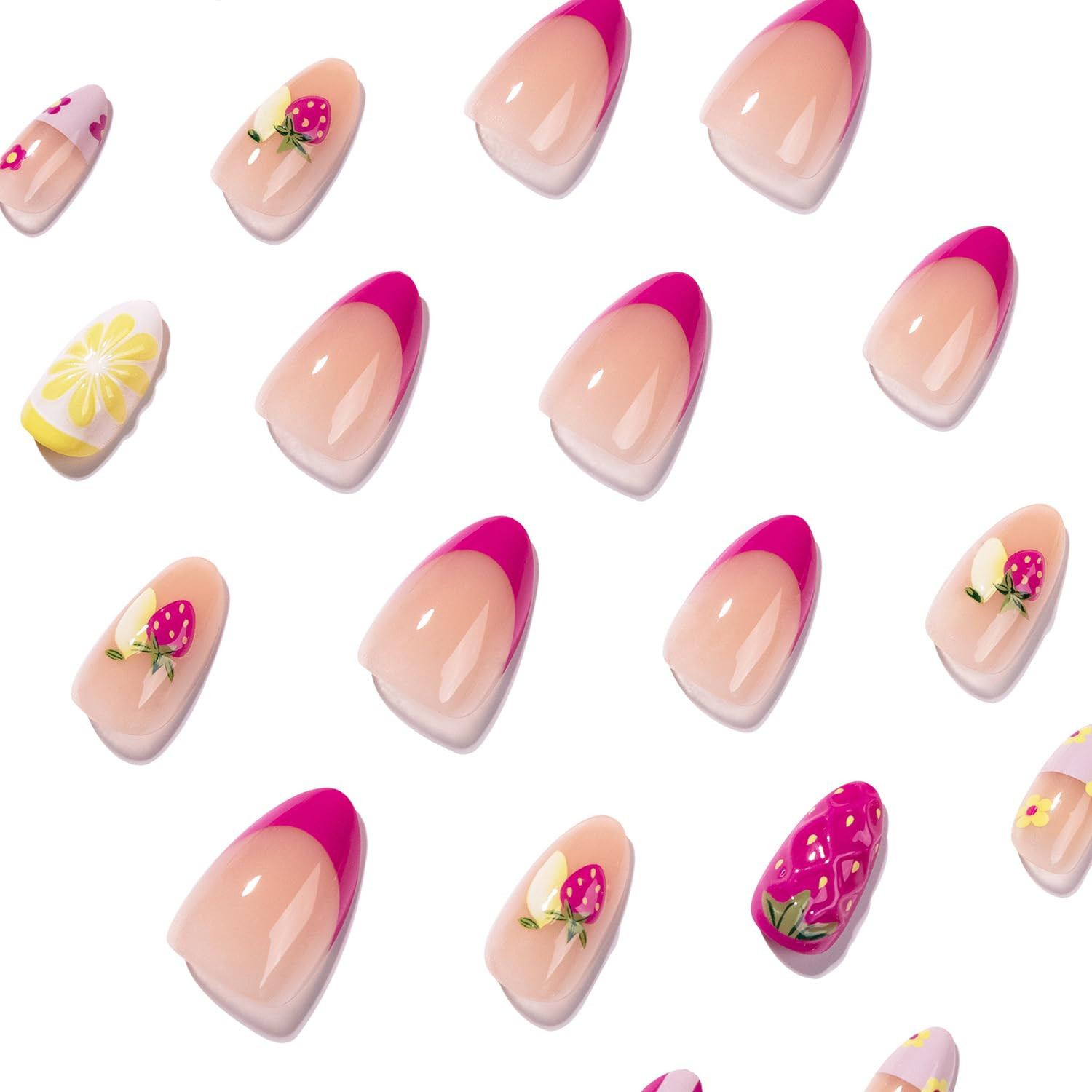 Spring Summer Press on Nails Short Almond Fake Nails 3D Embossed Fruit False Nai