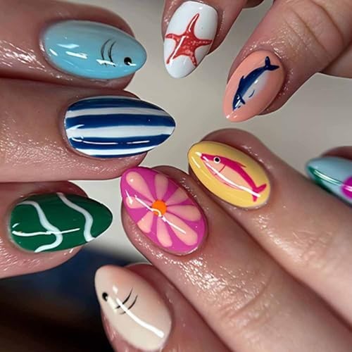 Summer Ocean Press on Nails – Short Oval Fake Nails – Summer Ocean Nails