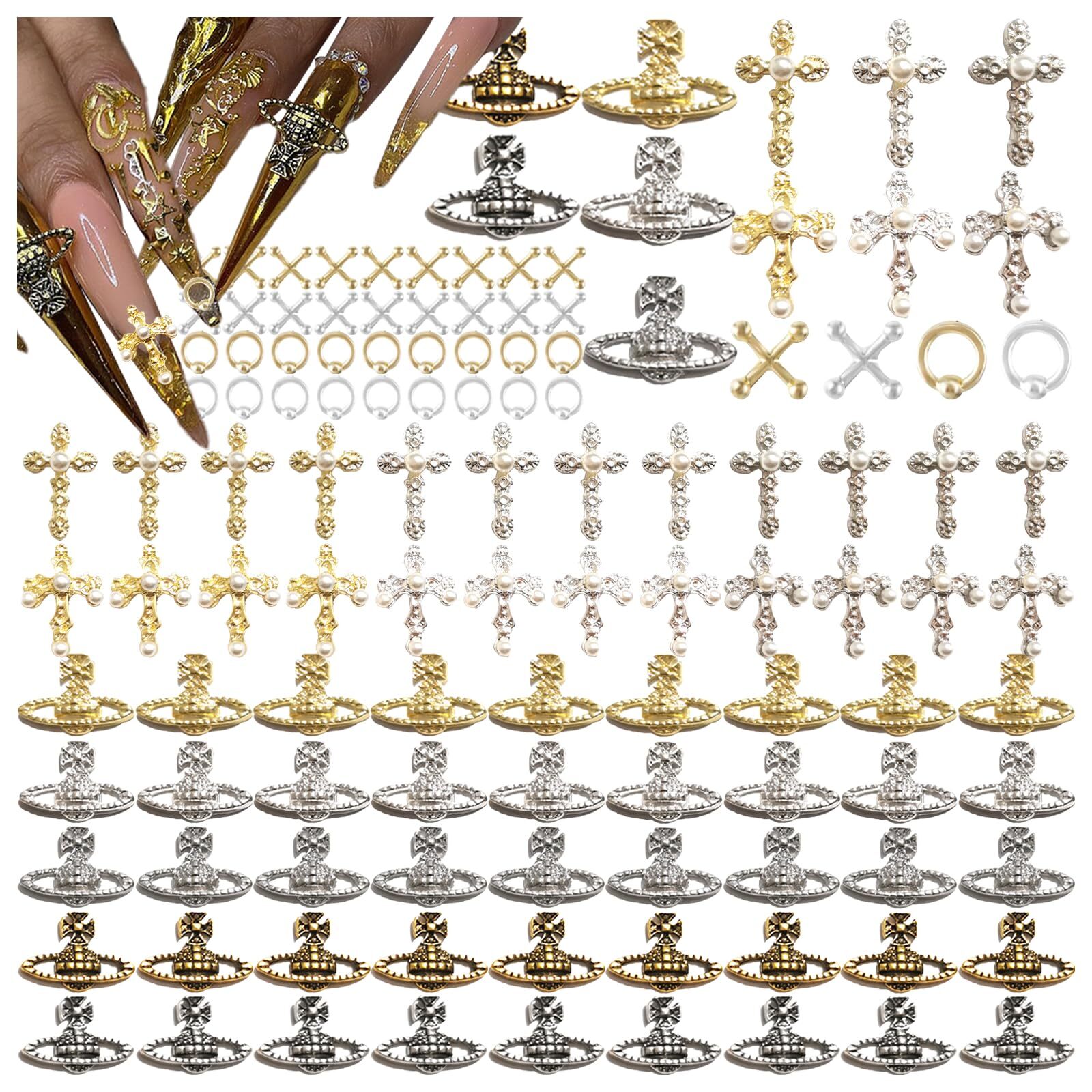 120 Pcs Planet 3D Nail Charms Gold Alloy Nail Gems for Acrylic Nail Art Supplies