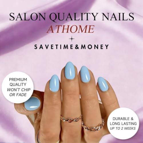 Pastel Soft Blue Press on Nails – Oval – 32 Pcs – 16 Sizes – Gel Fake