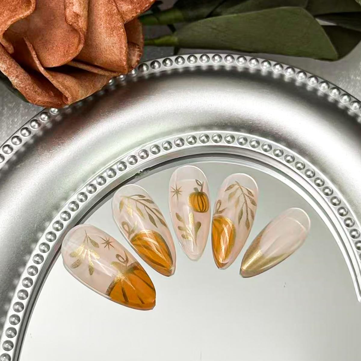 24Pcs French Tip Press on Nails Short Almond Gold Leaf Pumpkin Fake Nails Fal…