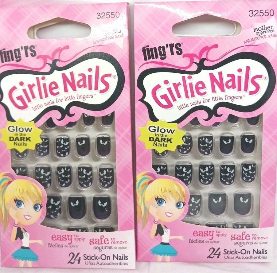 2 Fing’rs girlie nails 2-24 ct stick on nails for little fingers halloween new