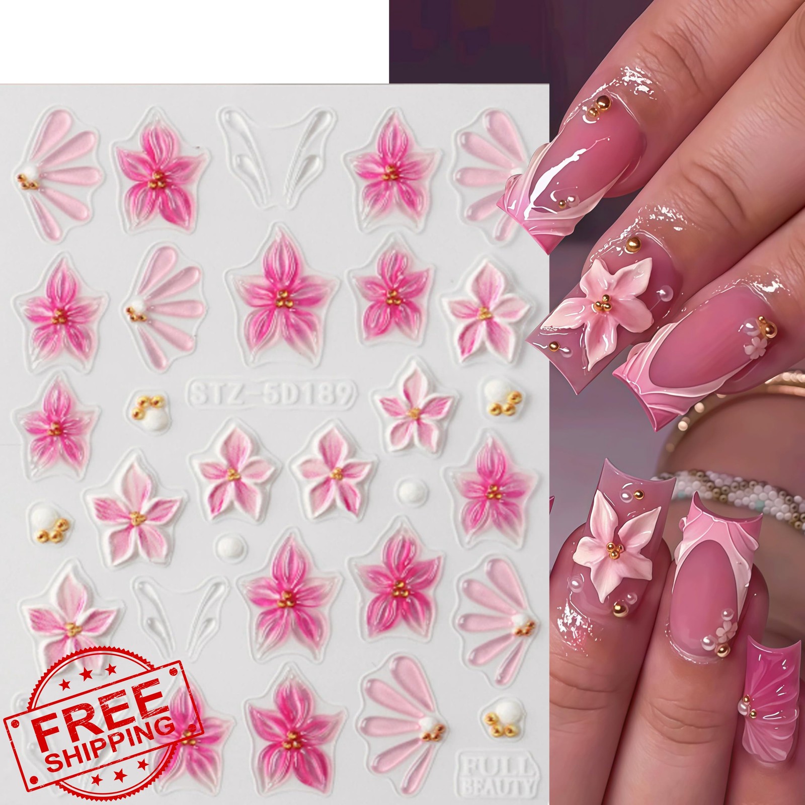 Aoustratum 3pk Flower Nail Art Stickers Hibiscus Gold Coil