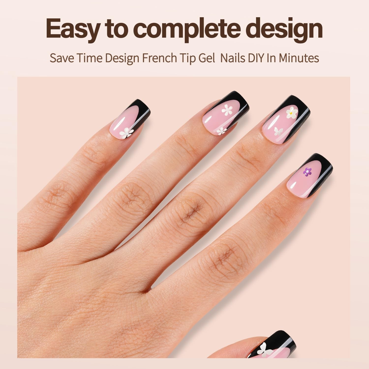 150Pcs Deep French Gel Nail Tips Pink, Black Short Square French Tips Press o…
