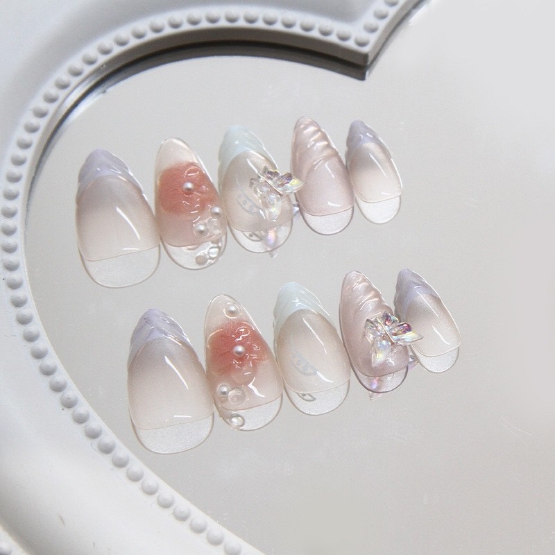 24PCS Butterfly Press On Nails French Tip Reusable False Nails Full Cover Almond