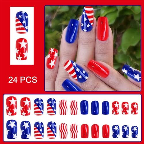 24Pcs 4th of July Press on Nails Medium Square Independence independence Day-8