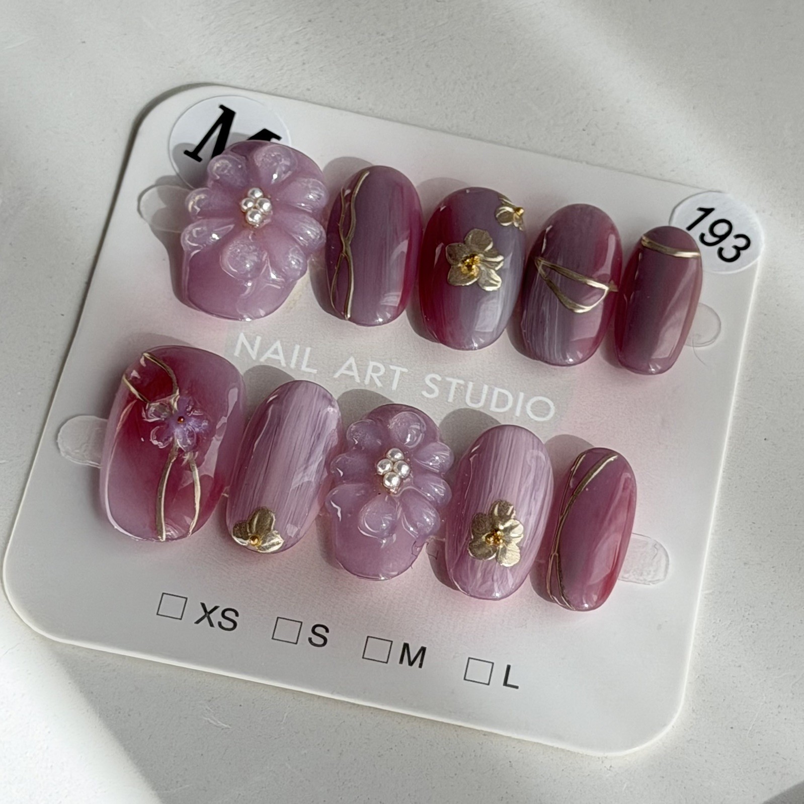 Handmade Pink 3D Flower AB Press-On Nails Short Oval Size M Reusable False Nail