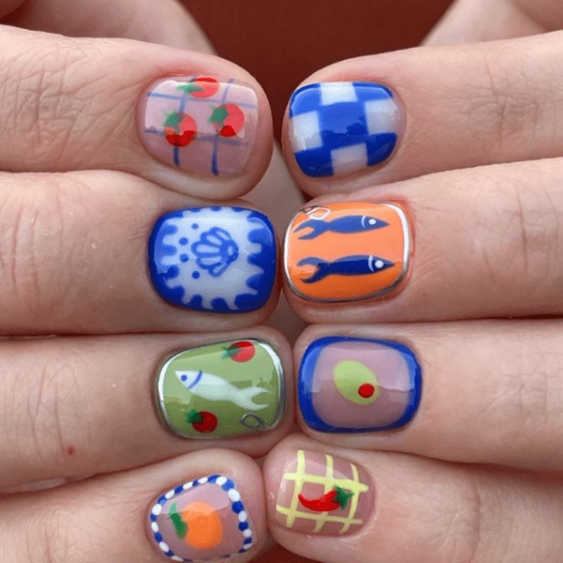 48Pcs-Short Square Cute Mediterranean Fish Fruit Checkered Press on Nails Set