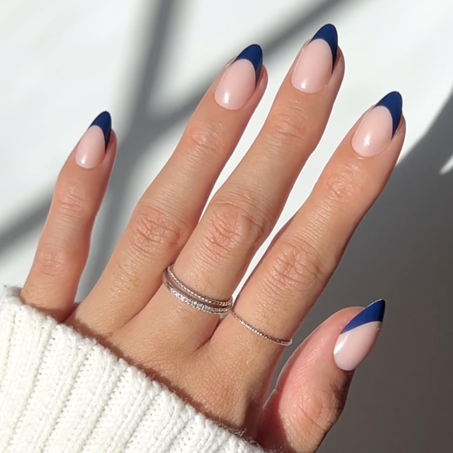 Short Almond Glossy Press On Nails – 30 Pc Full Kit, Navy French Tip, Waterproof