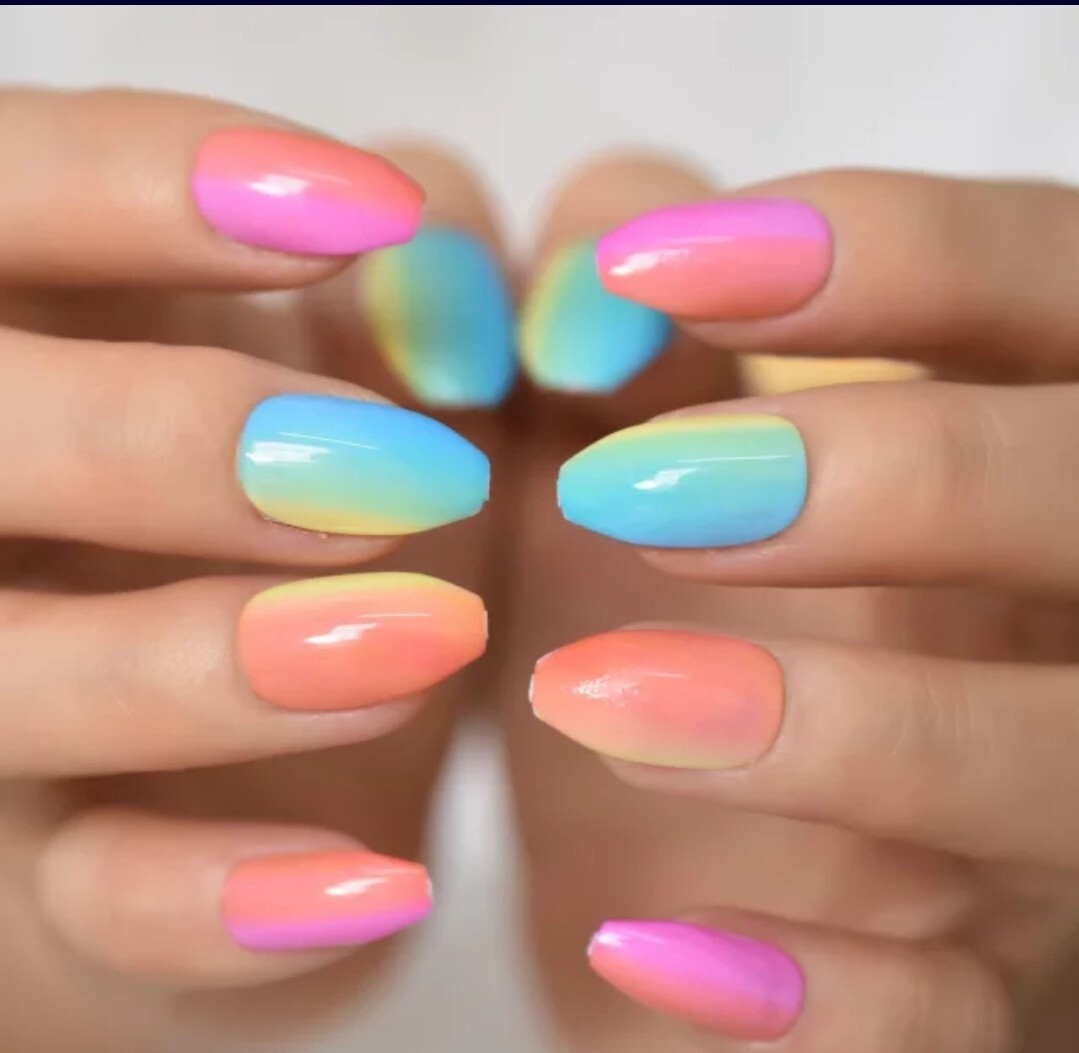 24 Candy Rainbow Ombre Press on nails glue on kit kawaii cute Multicolor bright