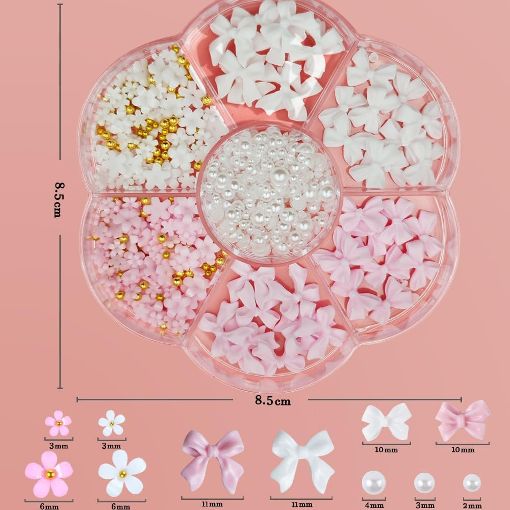 Nail Charms, Flower Bow Manicure Kit, Pink White 3D Cute Flower and Bow Nail Cha
