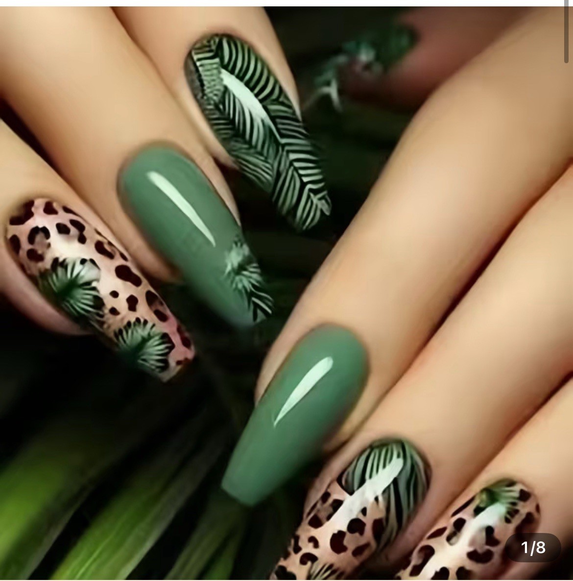 8 Sets Women oval shaped fake nails, print of leopard, zebra, cow, tiger, etc.