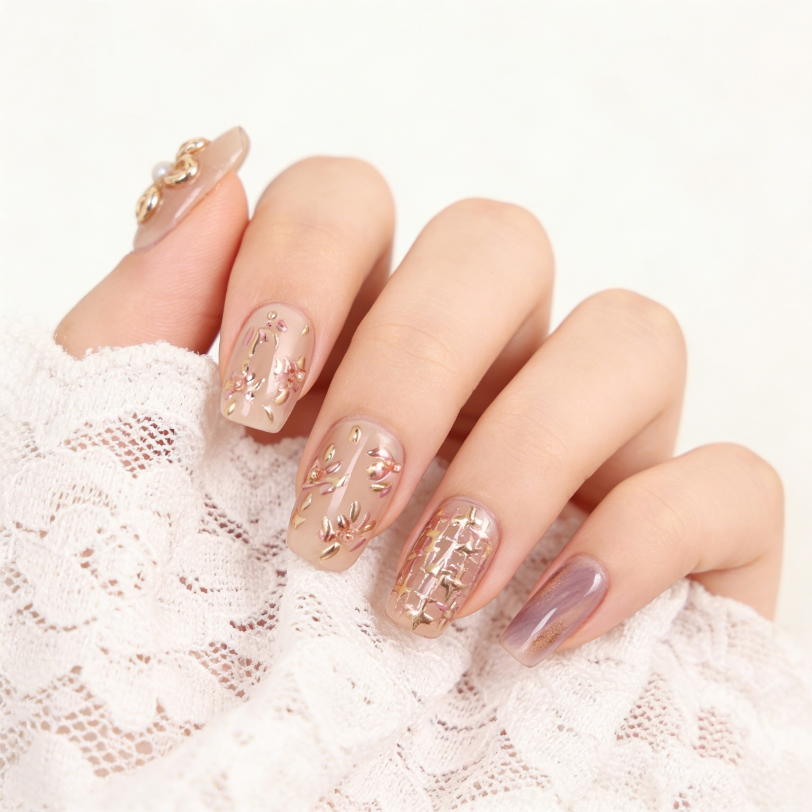 Pink Purple Press On Nails Short Square Gold Flower Pearl Handmade Set gift
