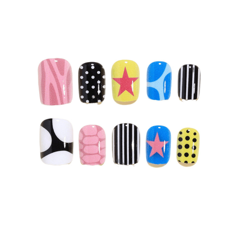 48pcs Short Square Press On Nails, Y2K Colorful Star & Polka Dot Striped Design