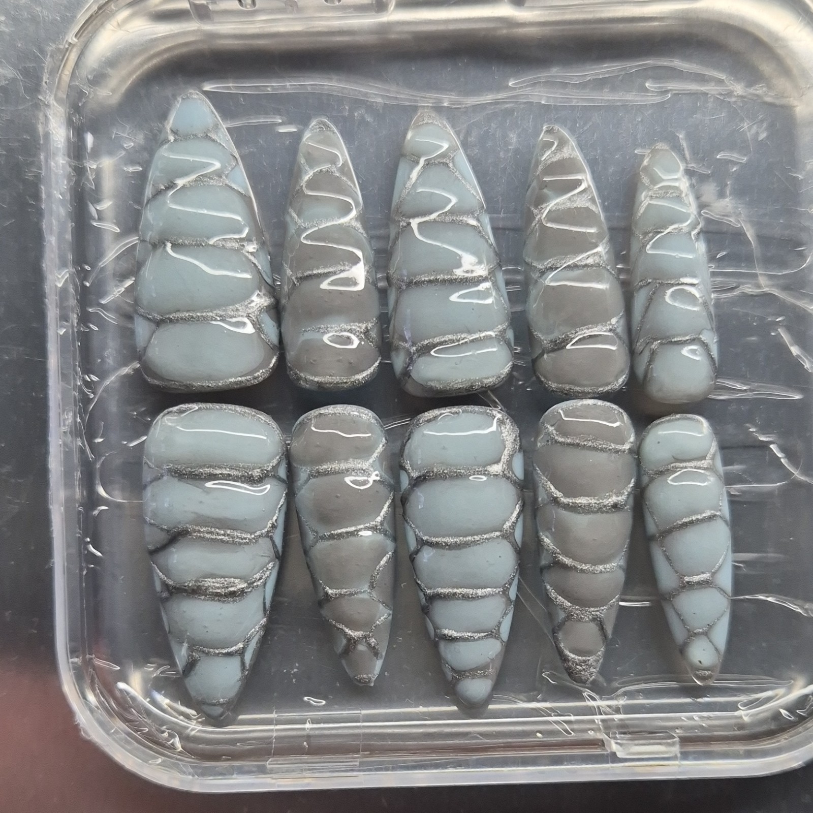 Gray Light Blue 3D Geometric Stiletto Press-On Nails Pre-Designed Full Cover Lo…