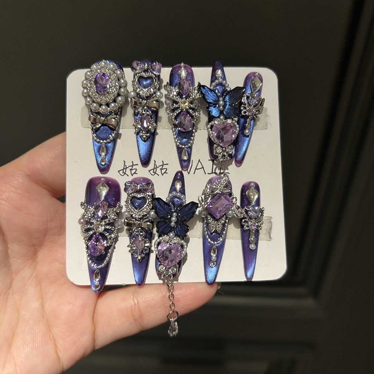 Purple Green Gradient Cat Eye Press On Nails Handmade