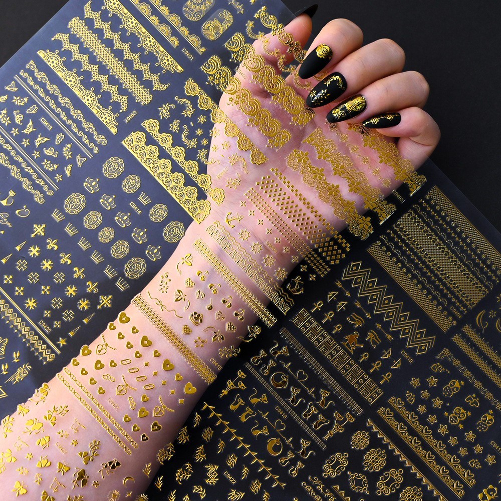 10 Sheets Nail Art Stickers Gold Lace Moon Star French Line Geometric Slider C94