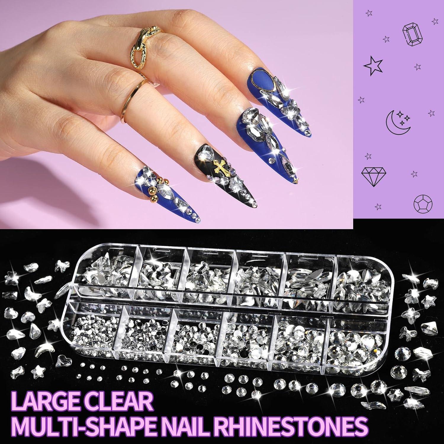 FANDAMEI Nail Charms and Gems, 8 Boxes Nail Art Kit for Design, Multi-Shape Rhin