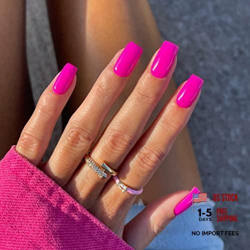 Medium Square Glossy Hot Pink Nails Press ons – Neon Pink