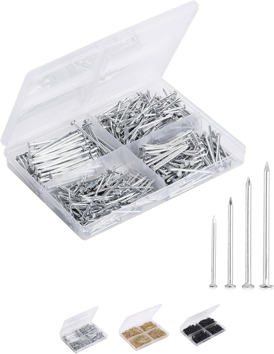 Nail Assortment Kit, 600 Pcs, 4 Sizes, Silver, Small Nails for Hanging Pictur…