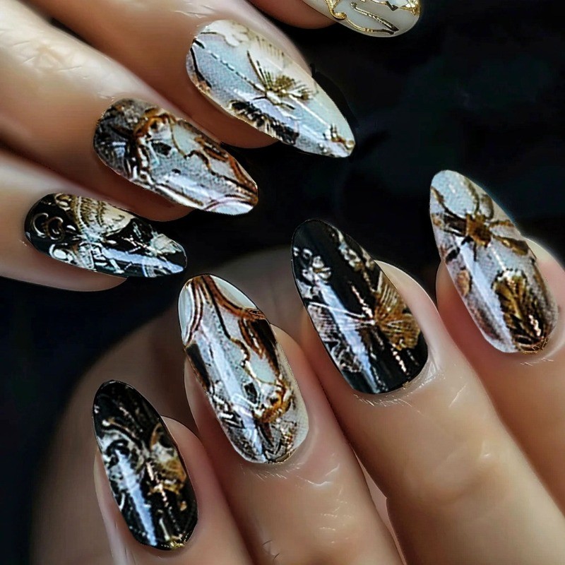 48pcs-Abstract Gold Foil Press on Nails, Almond Black & White with Art Design
