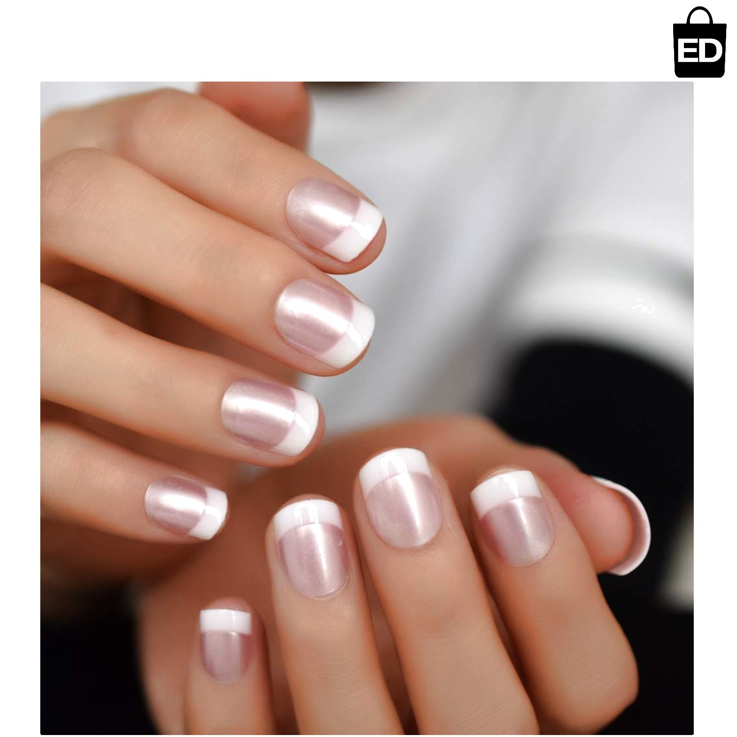 Elegant Pearl Shine Pink Fake Nails – 24 Glossy French Tips for Effortless Style