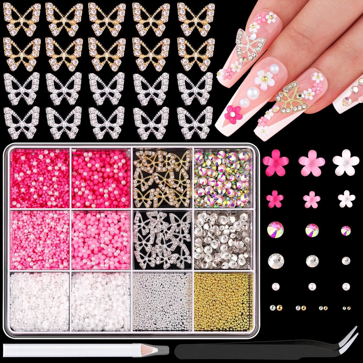 Mixed Flatback Gems & Charms Kit, Bows Flowers Alloy Resin Nail Art Storage Box