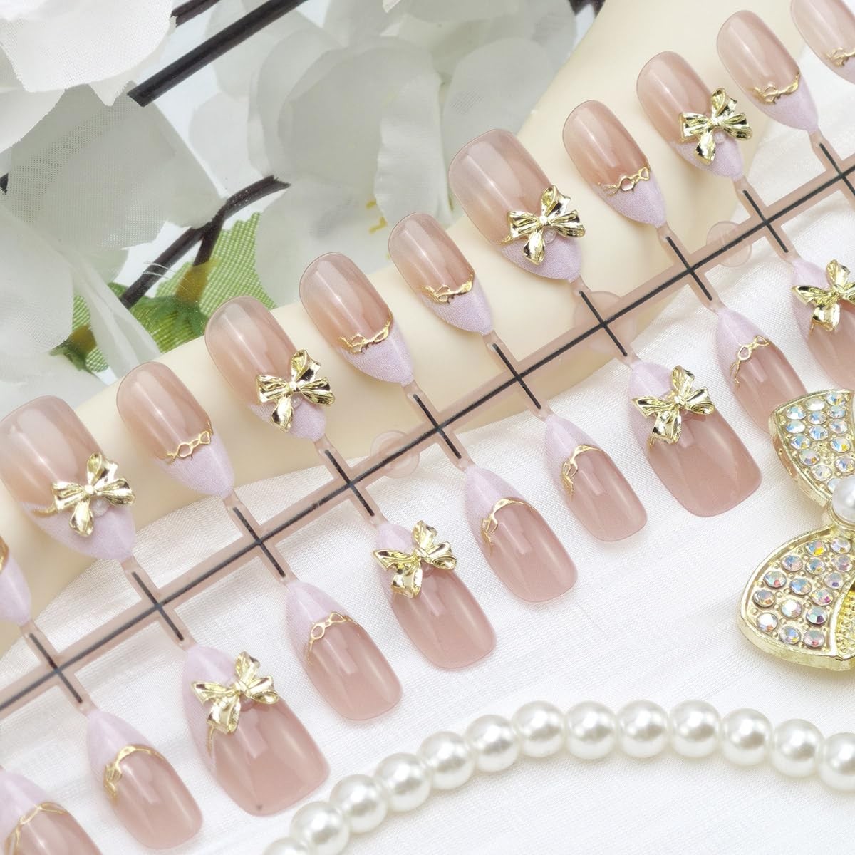 30Pcs White French Tip Press on Nails Medium Almond Fake Nails with 3D Gold B…