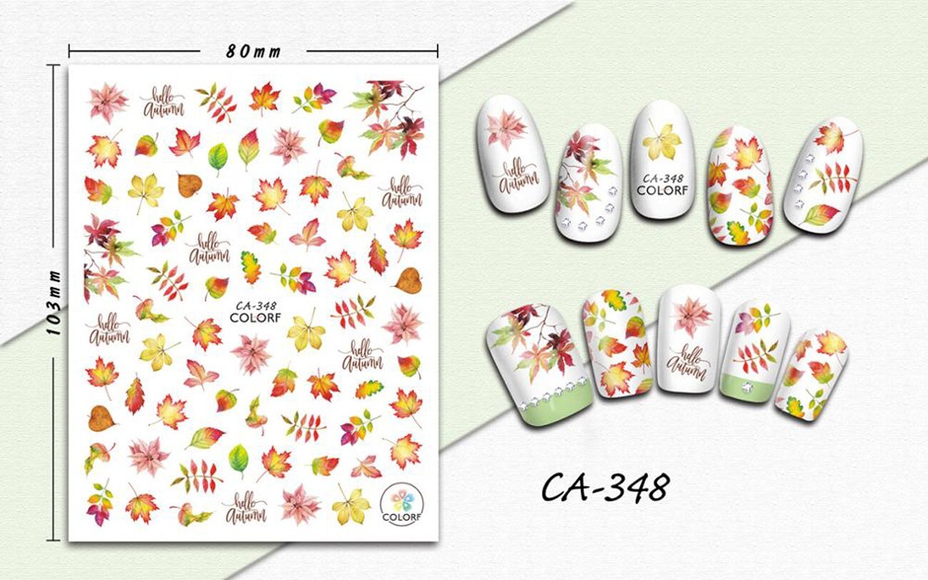 Nail art 3D stickers decal green red yellow pink fall foliage hello autumn CA348