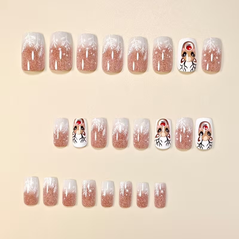 Christmas Reindeer Snowflakes Reusable Press-On Nails Medium Length 24 Pieces