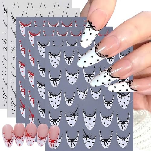 6 Sheets French Nail Stickers with Polka Dots Bow Heart Design Nail Stickers 04