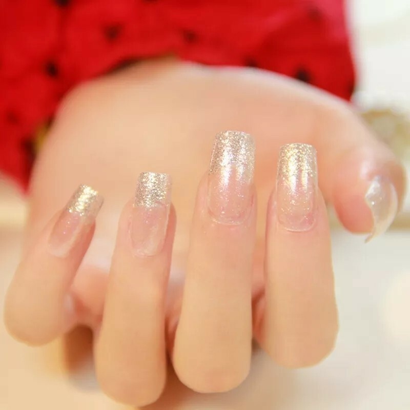 24 Ombre Nude Glitter pale gold Press On Nails w/ Glue champagne square long