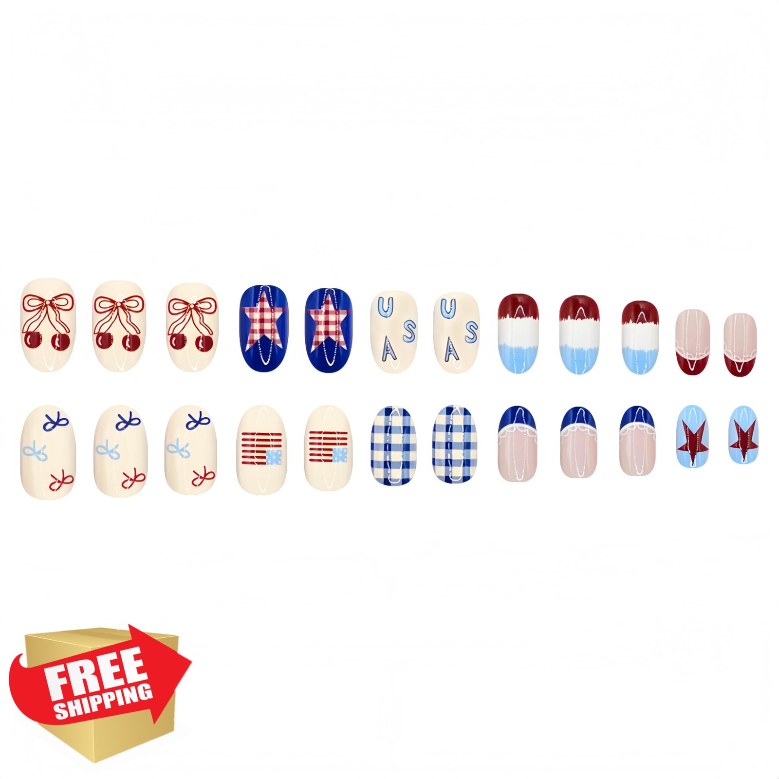 CnSybaris 24Pcs Medium Oval Independence Day Nails