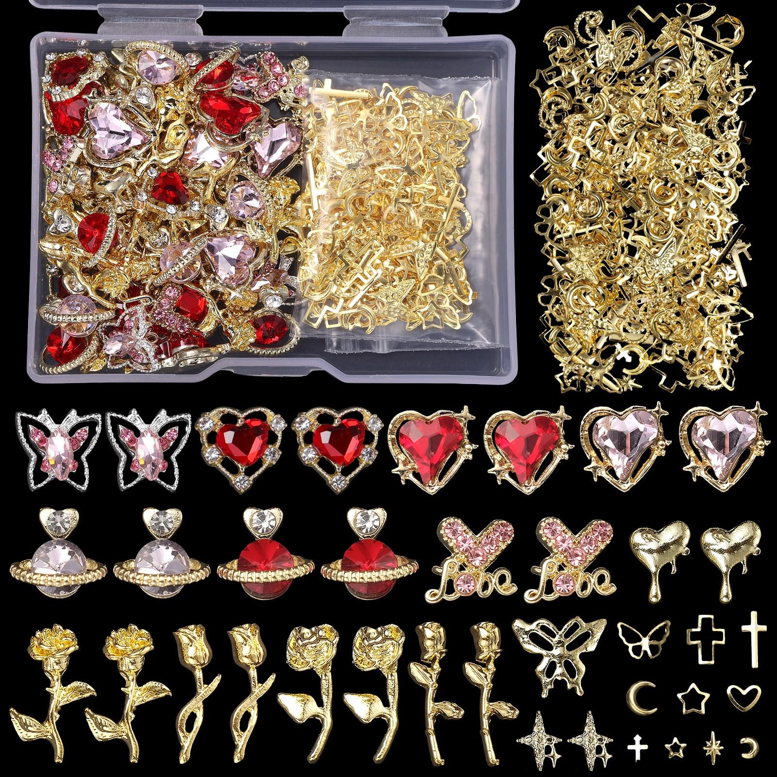 Cynailli 320pc S2 Nail Charms Gems Butterfly Heart Alloy