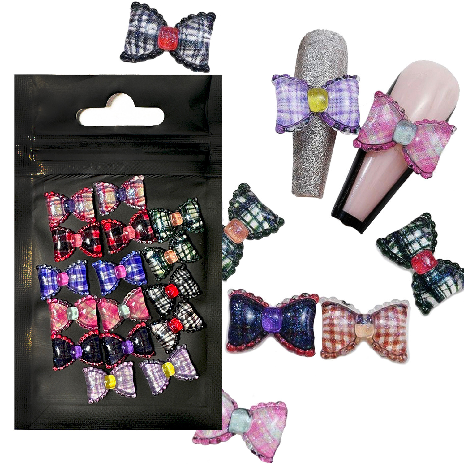 [DDP] 16pcs 3D Glitters Plaid Bow Acrylic Nail Art Resin Decoration