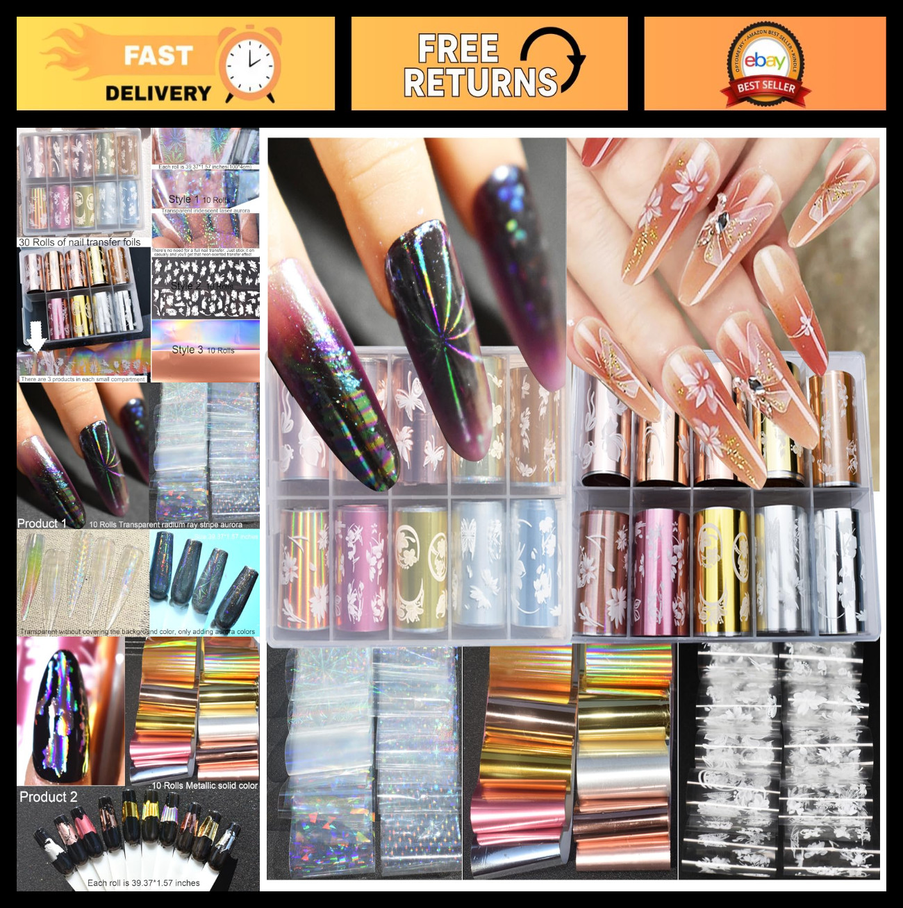 30 Rolls Nail Art Foils Set – Holographic, Metallic & Floral Transfer Stickers 3