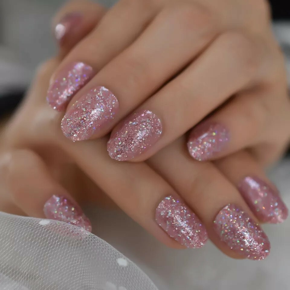 Pink Glitter Press on Nails with glue short rose gold sparkle oval almond