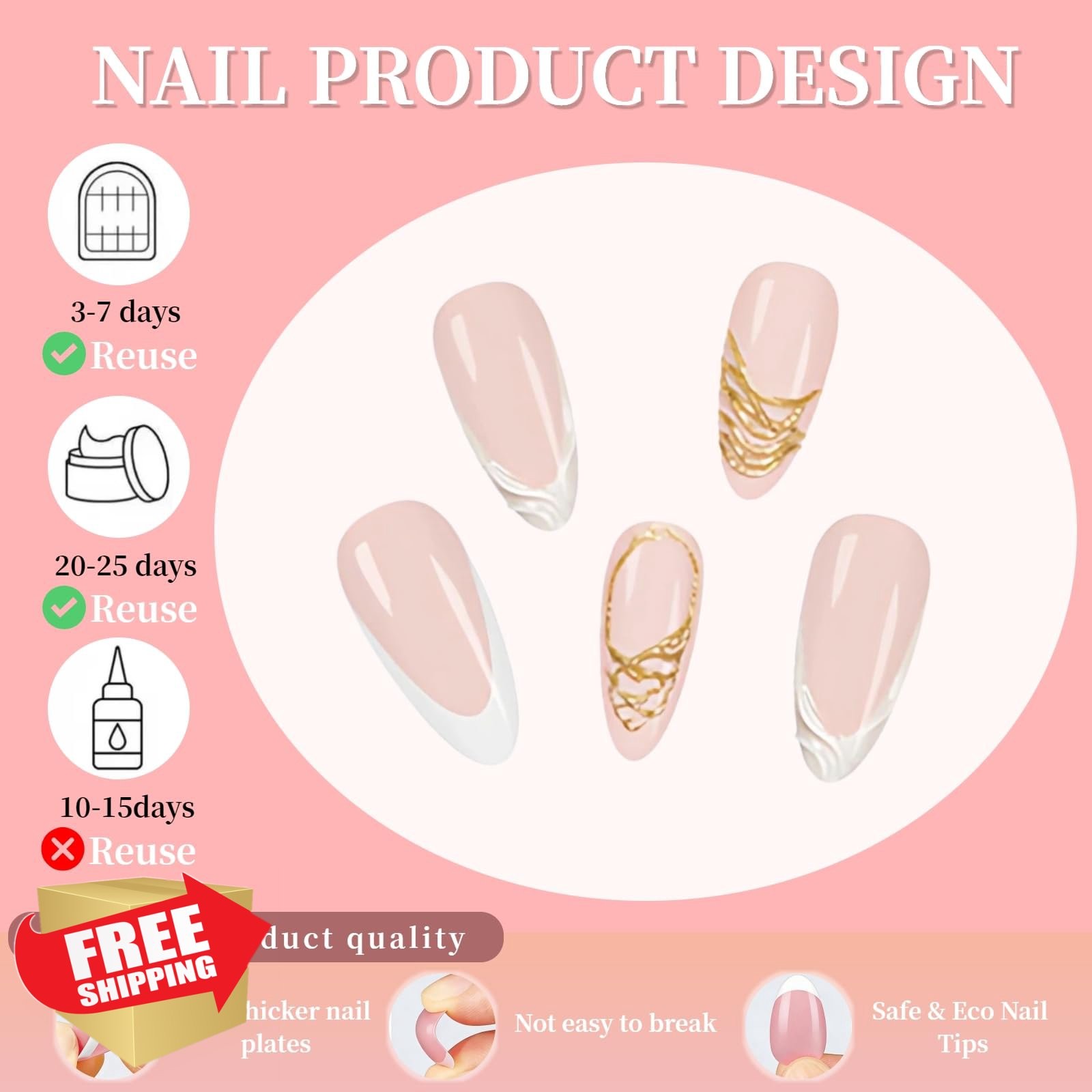 Tephrent White French Tip Almond Nails Gold Lines