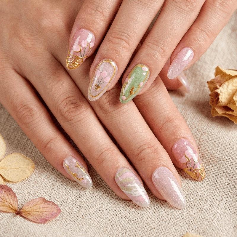 60pcs Almond Press on Nails, Pink Green Gold Line Cherry Blossom Glitter Nails