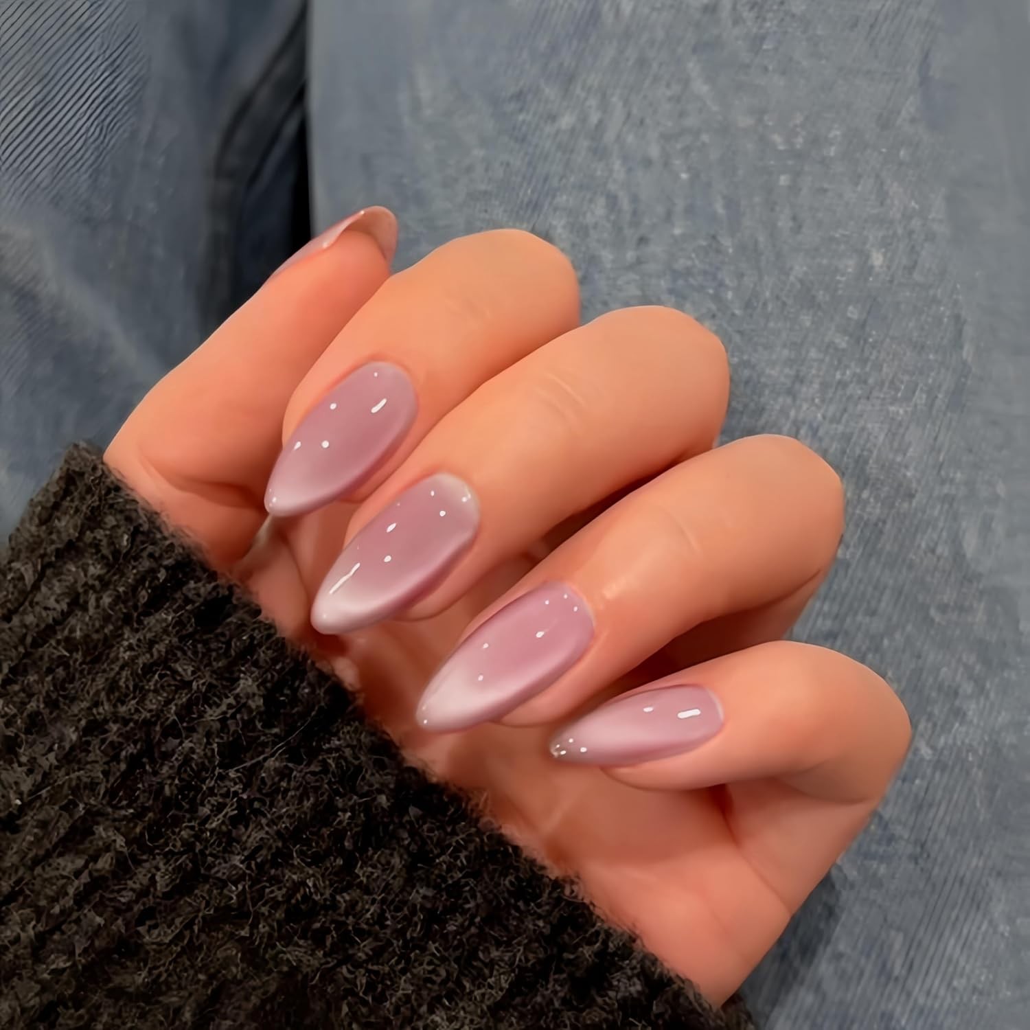 KQueenest Pastel Pale Pink Cat Eye Press On Nails, 30 Pcs 15 Sizes Shiny